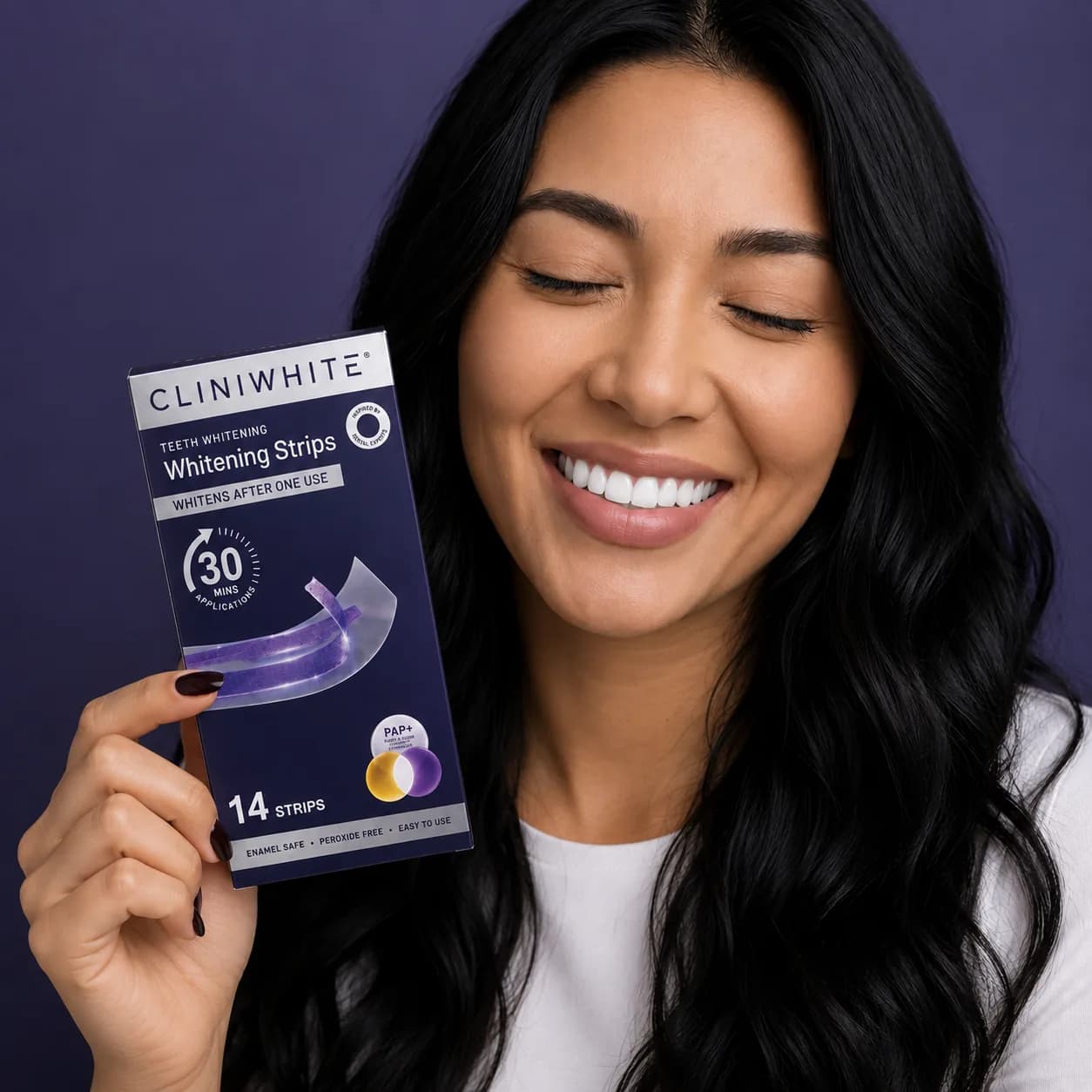 CLINI WHITE V34 whitening strips applied to teeth